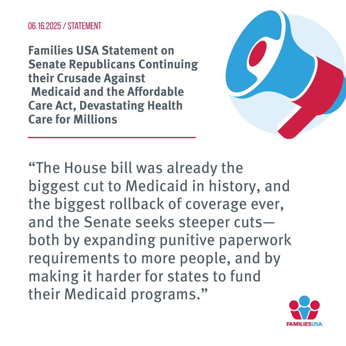 Families USA Statement on Senate Republicans Continuing their Crusade Against Medicaid and the Affordable Care Act, Devastating Health Care for Millions